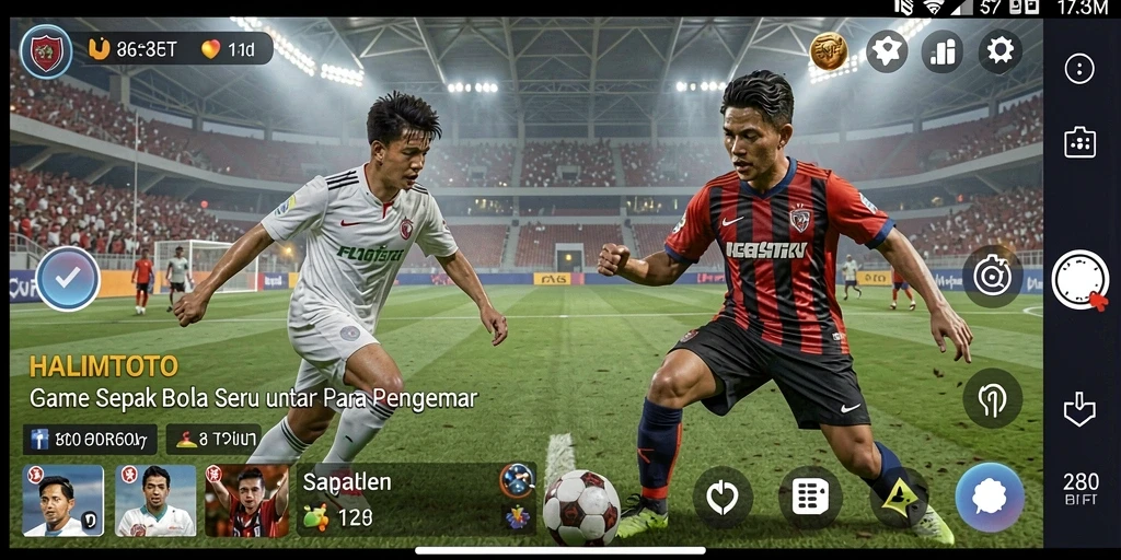 Screenshot utama HALIMTOTO menampilkan aksi seru di lapangan sepak bola.