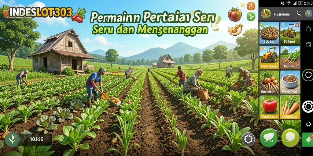 Screenshot gameplay <strong>INDESLOT303</strong> menampilkan aktivitas pertanian yang seru dan berwarna.