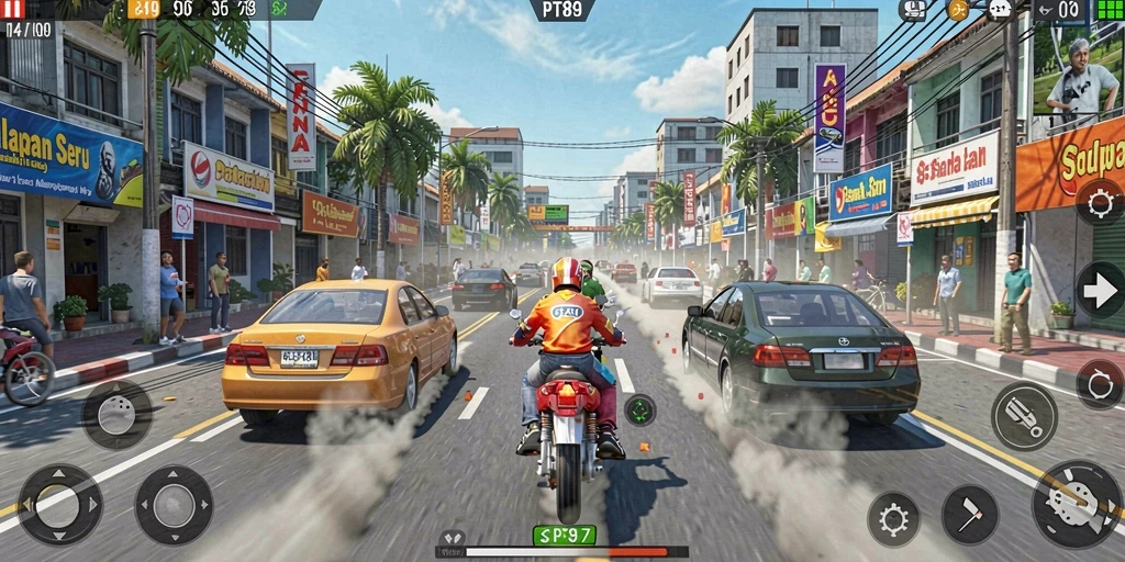 Gameplay Racing PT89 dengan mobil balap di sirkuit menantang.